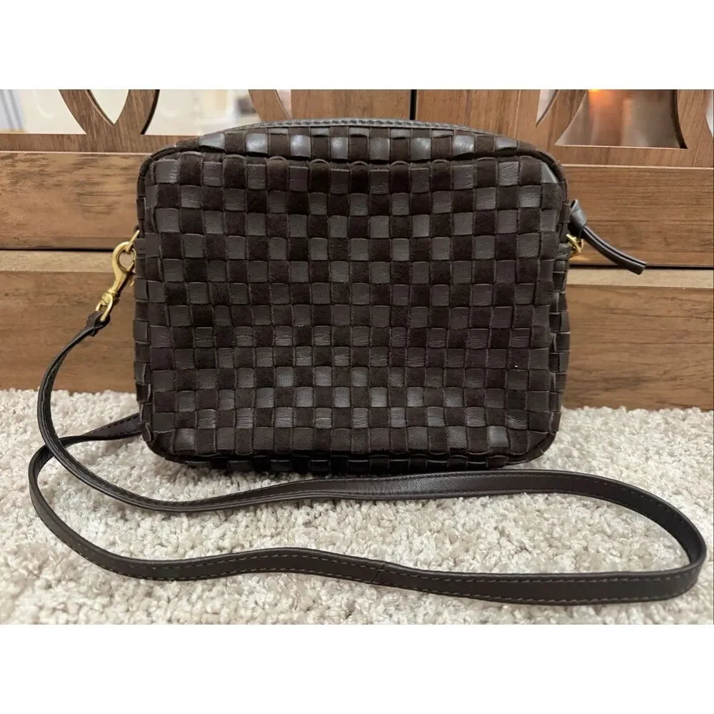 Clare V. Midi Sac in Mahogany Nappa & Suede Woven Checker